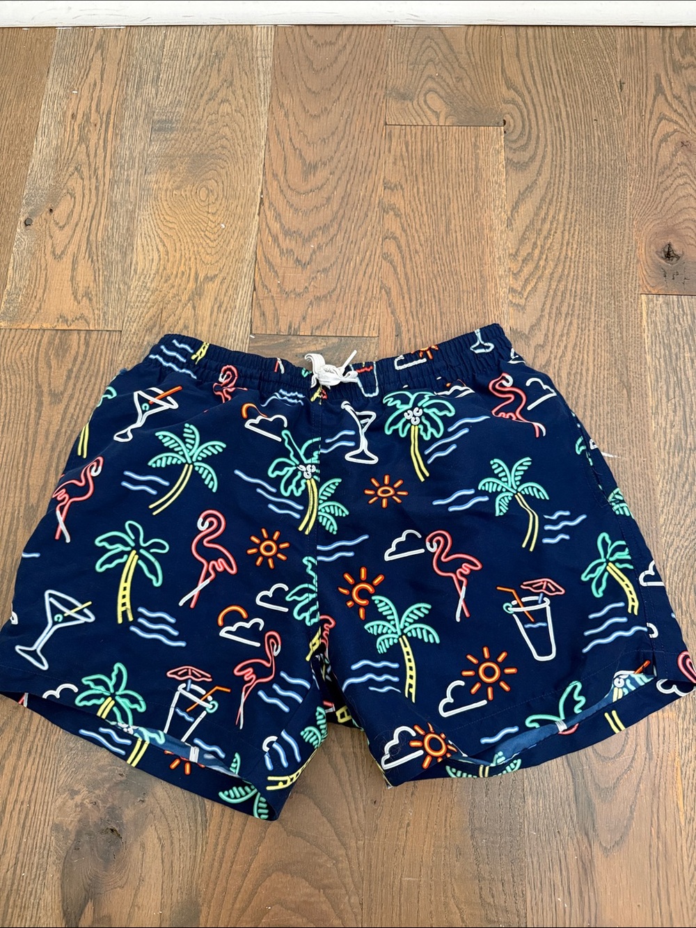 chubbies Navy Neon Tropical Flamingo Swim Trunks